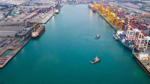 High angle view of sailboat in harbor