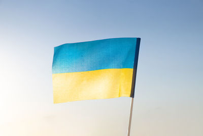 Ukrainian child boy in white t shirt with yellow and blue flag of ukraine in field.