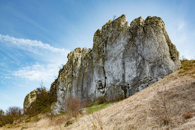 Low angle view of rock formations against sky