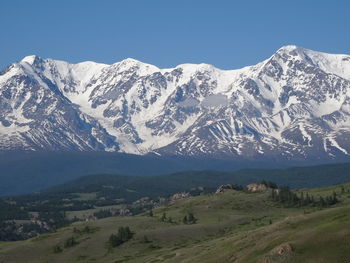 Scenic view of snowcapped mountains against clear sky