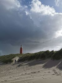 Lighthouse by sea against sky