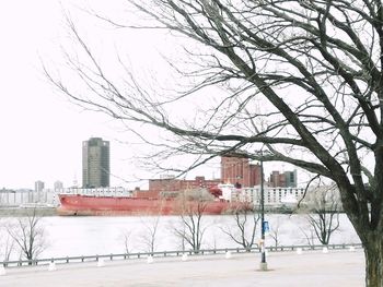 Bare tree by buildings against sky during winter