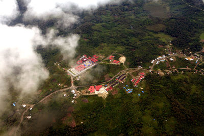 Aerial view of tree mountain against sky