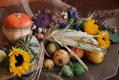 High angle view of various flowers in basket