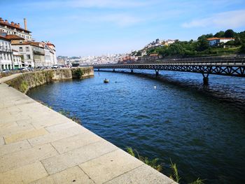 Bridge over river amidst buildings in city against sky