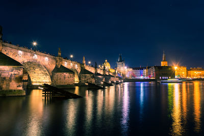 View of illuminated bridge over river at night