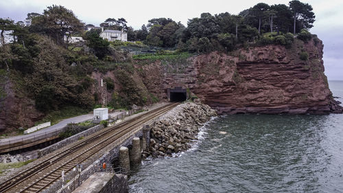 Railroad tracks by trees against sky