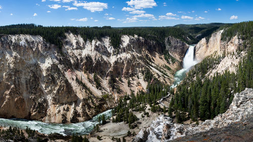 Scenic view of waterfall in forest against sky