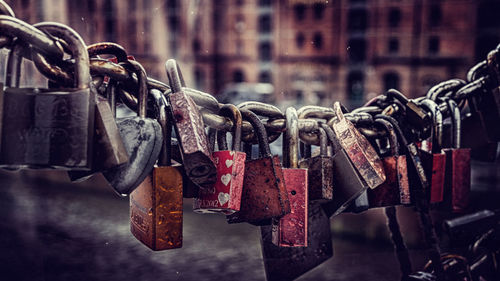 Close-up of padlocks hanging on railing