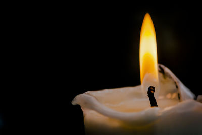 Close-up of lit candle against black background