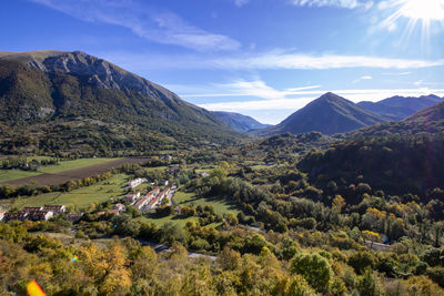 Scenic view of landscape and mountains against sky