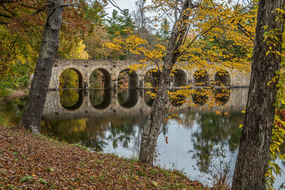 Arch bridge over lake during autumn