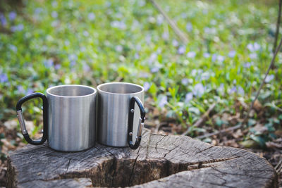 Two metal mugs on wooden stump against green grass in spring sunny day