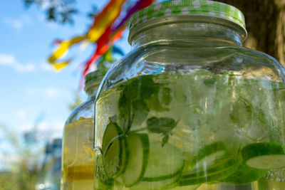 Close-up of drink in glass jar