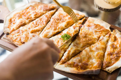 High angle view of meat in plate on table
