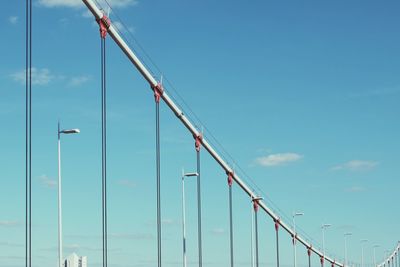 Low angle view of suspension bridge against blue sky