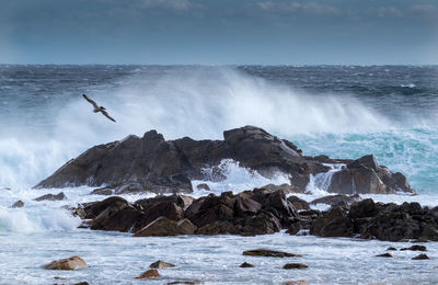 Scenic view of rocks in sea against sky