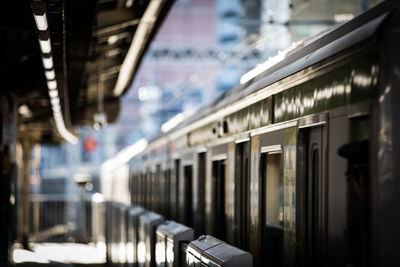 Close-up of train on railroad station platform