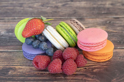 High angle view of strawberries on table