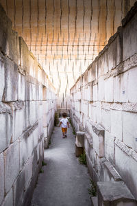 Rear view of people walking in alley