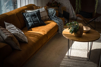 High angle view of chairs on table at home