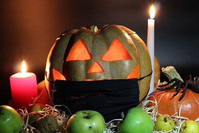 Close-up of lit candles against black background