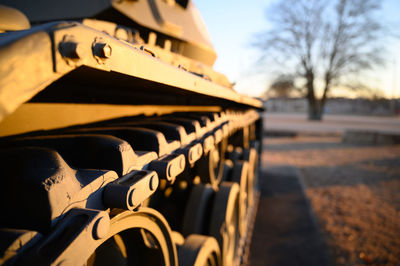 Close-up of war tank treads
