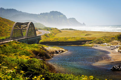 Scenic view of sea by mountains against sky