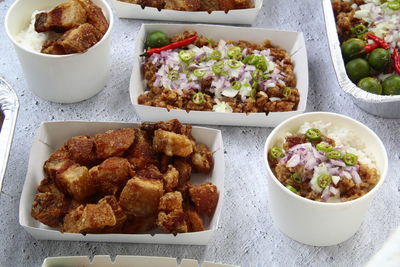 High angle view of food served on table