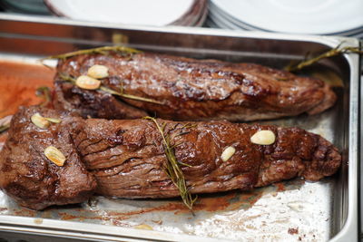 Close-up of meat in plate on table