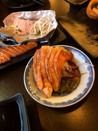 High angle view of seafood in plate on table