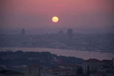 High angle view of townscape against sky during sunset