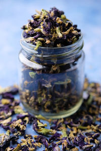 Close-up of spices in jar on table