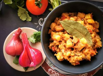 High angle view of seafood in plate on table