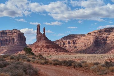 Panoramic view of rock formations on landscape against sky