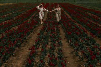 Rear view of woman walking on field