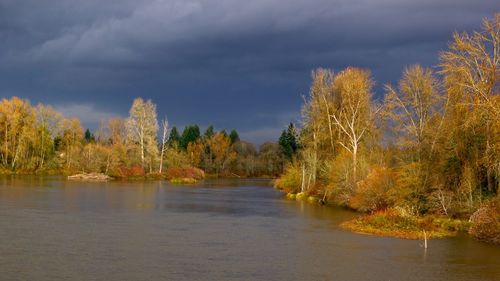 Scenic view of lake against cloudy sky