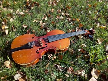 High angle view of guitar on field