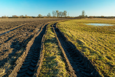 Muddy country road next to a plowed field and a meadow