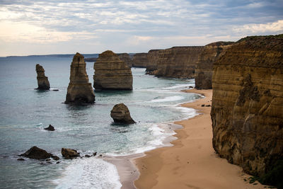 Rocks on sea shore against sky