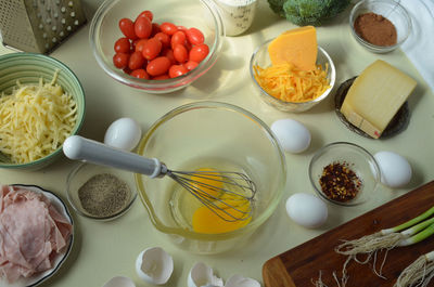 High angle view of food ingredients on kitchen counter