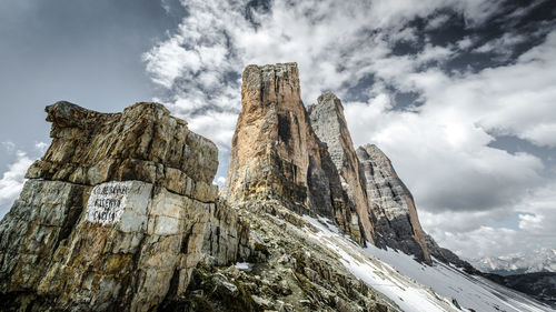 Low angle view of drei zinnen against sky