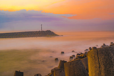 Tetrapods or breakwaters on the glagah beach, kulonprogo, indonesia during sunrise