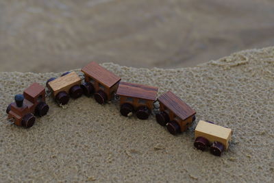 High angle view of wooden toy