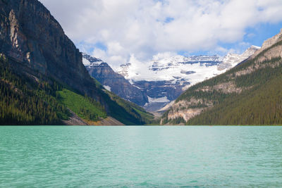 Scenic view of lake and mountains against sky