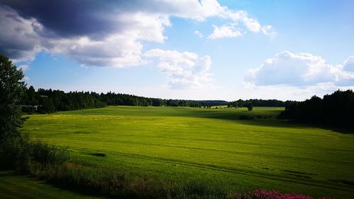 Scenic view of golf course against sky