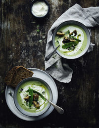 High angle view of soup in bowl