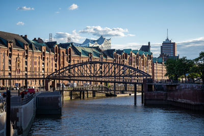 Bridge over river with city in background