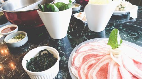 High angle view of food served on table