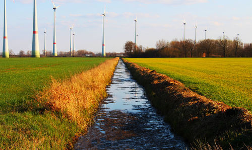 Dirt road amidst field against sky